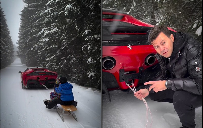 Milionarul Bogdan Căpușan s-a filmat în timp ce trage cu Ferrari-ul o sanie cu copii. „Mai sunt și alți voluntari?” | VIDEO