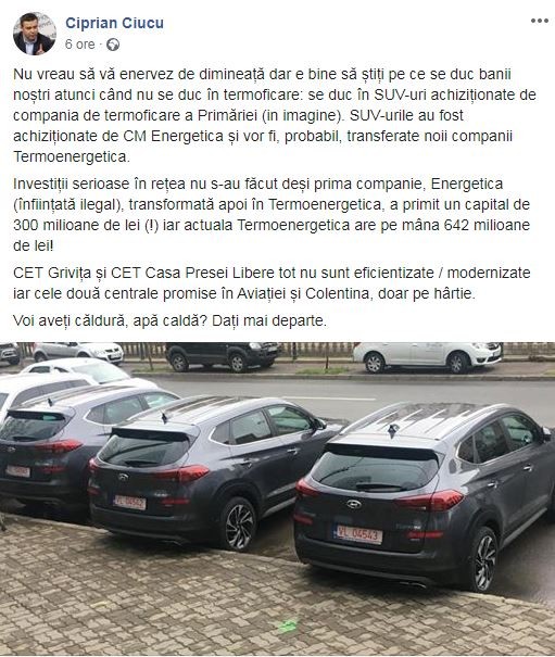 Postarea lui Ciprian Ciucu prin care face cunoscută achiziția SUV-urilor