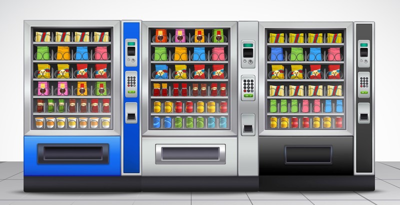 Realistic vending machines front view with food and drinks on tiled floor near grey wall vector illustration