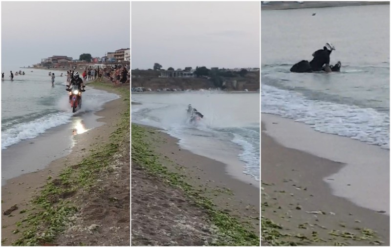 A căzut cu tot cu motocicletă într-o groapă de pe plajă, sub ochii a sute de turiști care priveau răsăritul, la Vama Veche | VIDEO