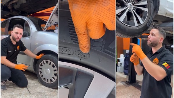 Colaj din trei cadre ce prezintă un mecanic auto cu mănuși portocalii într-un atelier: în stânga, acesta verifică roata unui autoturism argintiu; în mijloc, arată codul DOT (5021) de pe flancul unei anvelope; iar în dreapta arată spre o roată montată pe un autoturism ridicat pe elevator.