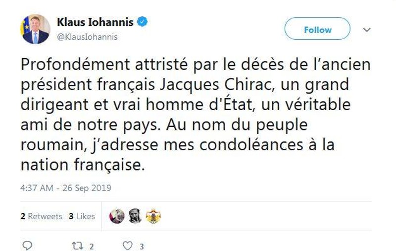 Mesaj de condoleanțe al președintelui Iohannis la moartea lui Jacques Chirac: ”Un adevărat prieten al țării noastre”