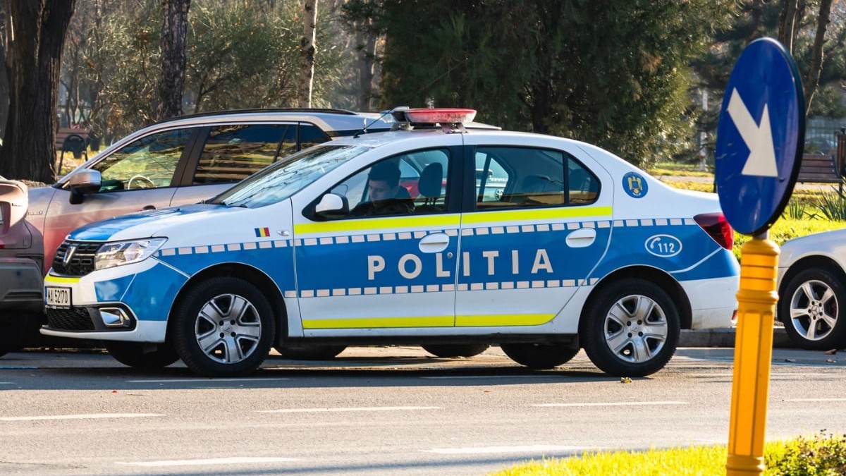O mașină de poliție din România, un autoturism marca Dacia Logan, parcat pe marginea unei străzi. Autovehiculul este colorat în alb și albastru, cu inscripția „POLIȚIA” pe portiere și elemente reflectorizante. În interior se vede un polițist, iar în fundal apar alte mașini și o zonă cu copaci, sugerând că scena se află într-un parc sau într-o zonă urbană liniștită.