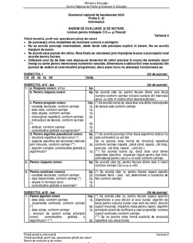 Baremul de corectare pentru proba de Informatică Bacalaureat 2023 a fost publicat de Ministerul Educației. Cum trebuia rezolvată fiecare cerință