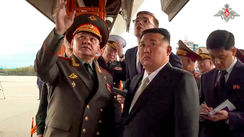 FILE - In this image made from video released by Russian Defense Ministry Press Service, North Korea's leader Kim Jong Un, center right, listens to Russian Defense Minister Sergei Shoigu, left, as he inspects Russian warplanes in Vladivostok, Russia, on Saturday, Sept. 16, 2023. Shoigu has consolidated his position following a brief rebellion launched by Russian mercenary chief Yevgeny Prigozhin, who demanded his ouster.,Image: 807616283, License: Rights-managed, Restrictions: This content is intended for editorial use only. For other uses, additional clearances may be required. Handout - Government Produced IMAGE MADE FROM VIDEO, AP PROVIDES ACCESS TO THIS PUBLICLY DISTRIBUTED HANDOUT PHOTO PROVIDED BY RUSSIAN DEFENSE MINISTRY MANDATORY CREDIT. FILE PHOTO, Model Release: no, Pictured: Kim Jong-un,Sergei Shoigu,Yevgeny Prigozhin