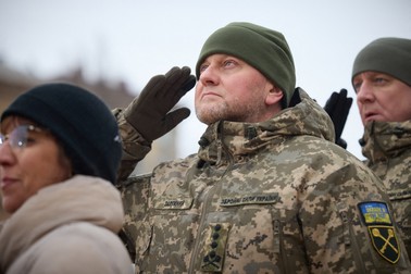 This handout picture taken and released by Ukrainian Presidential press service on February 24, 2023, shows Commander-in-Chief of the Armed Forces of Ukraine Valerii Zaluzhnyi (C) taking part in a ceremony at St Sophia Square in Kyiv, on the first anniversary of the Russian invasion of Ukraine.,Image: 758414723, License: Rights-managed, Restrictions: RESTRICTED TO EDITORIAL USE - MANDATORY CREDIT "AFP PHOTO / Ukrainian Presidential press service" - NO MARKETING NO ADVERTISING CAMPAIGNS - DISTRIBUTED AS A SERVICE TO CLIENTS, *** HANDOUT image or SOCIAL MEDIA IMAGE or FILMSTILL for EDITORIAL USE ONLY! * Please note: Fees charged by Profimedia are for the Profimedia's services only, and do not, nor are they intended to, convey to the user any ownership of Copyright or License in the material. Profimedia does not claim any ownership including but not limited to Copyright or License in the attached material. By publishing this material you (the user) expressly agree to indemnify and to hold Profimedia and its directors, shareholders and employees harmless from any loss, claims, damages, demands, expenses (including legal fees), or any causes of action or allegation against Profimedia arising out of or connected in any way with publication of the material. Profimedia does not claim any copyright or license in the attached materials. Any downloading fees charged by Profimedia are for Profimedia's services only. * Handling Fee Only ***, Model Release: no
