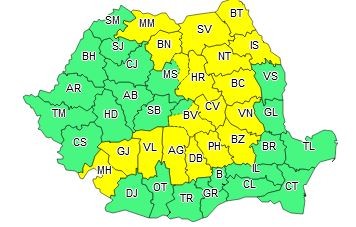 Harta meteo cu județele afectate de Codul Galben de vremea rea