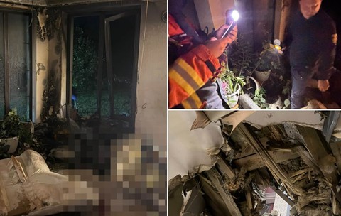 Colaj cu trei imagini ce arată pagubele grave produse într-o locuință, inclusiv interiorul distrus al unei camere, echipaj de intervenție inspectând noaptea și un tavan prăbușit.