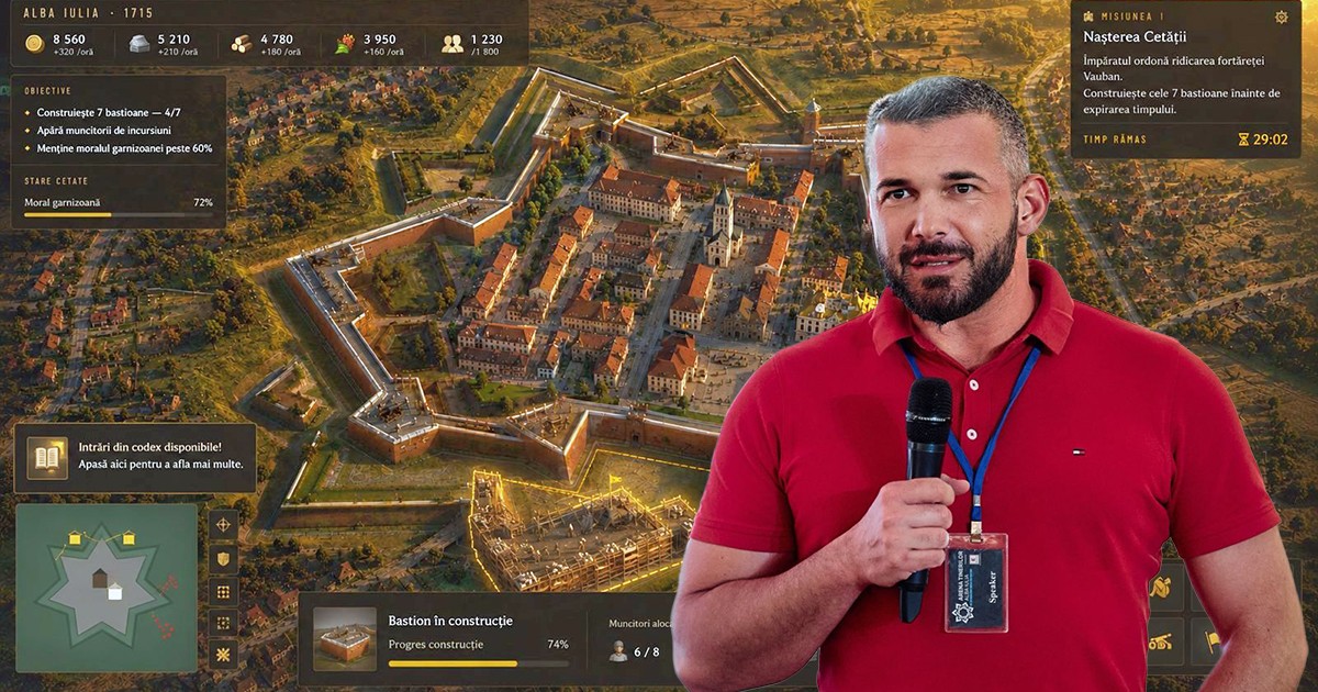Un colaj cu o poza cu un castel in fundal si un barbat in tricou rosu vorbeste la microfon