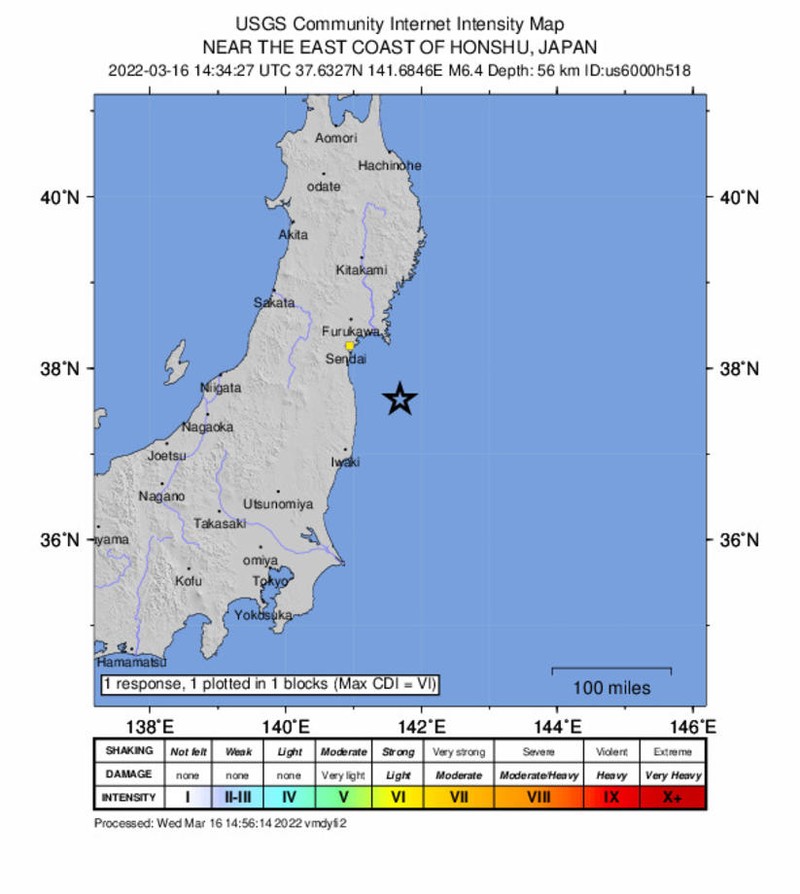 Seismul a lovit în apropierea orașului japonez Namie, situat în prefectura Fukushima. Epicentrul a fost înregistrat la o adâncime de 60 de kilometri. Foto: EPA