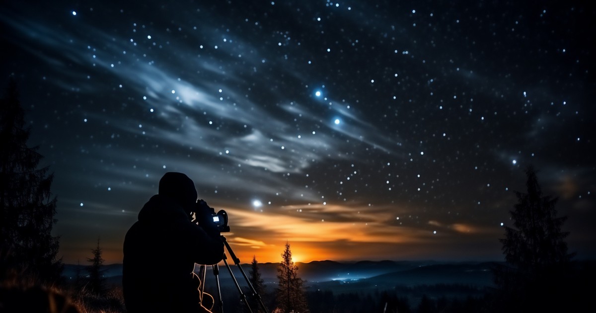 Ce fenomene astronomice vor avea loc în 2024 - Imagine cu un bărbat care fotografiază cerul, noaptea