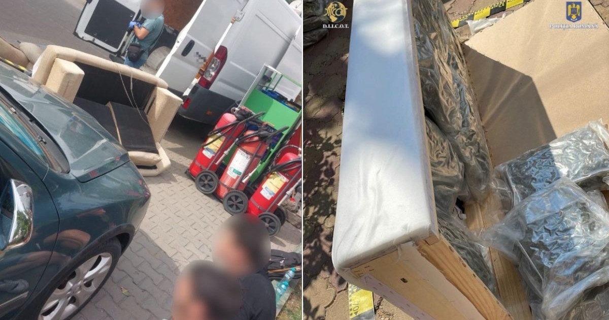 Colaj cu un flagrant asupra a doi tineri care au vrut sa aduca droguri in Romania, ascunse intr-o canapea. In poza din stanga se vede o dubă alba, canapeaua este coborata pe trotuar, iar in planul apropiat cei doi tineri stau asezati, incatusati pe marginea drumului si au fetele blurate, iar in imaginea din dreapta se vede canapeaua desfacuta, in care se afla multe pungi cu canabis. 17 iulie 2025, DIICOT