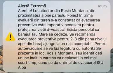 Mesaj Ro-Alert pentru evacuarea populaţiei din Roşia Montană