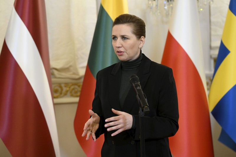 14 January 2025, Finland, Helsinki: Prime Minister of Denmark Mette Frederiksen gives a statement ahead of a Summit of the Baltic Sea NATO countries at the Presidential Palace in Helsinki. The topic of the summit is the security of the Baltic Sea region, especially measures required to secure the critical underwater infrastructure. Photo: Vesa Moilanen/Lehtikuva/dpa