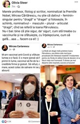 Postarea Oliviei Steer: sursa foto Facebook Mircea Cărtărescu