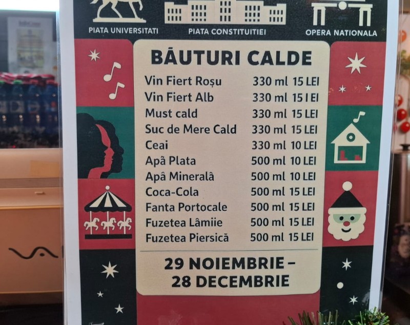 Târgul de Crăciun din Piața Constituției s-a deschis oficial: cât costă vinul fiert, turta dulce, clătitele și preparatele tradiționale românești