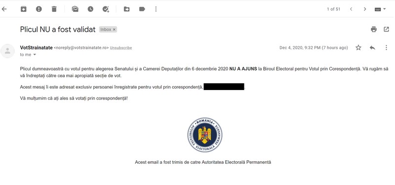 E-mailul pe care l-a primit Emanuel
