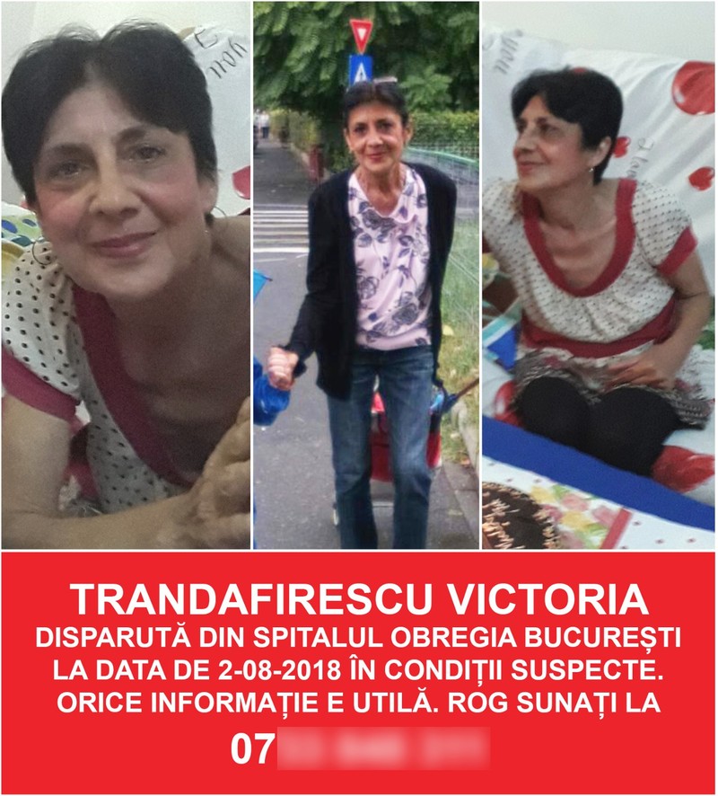 Anunțul dispariției postat de familia Victoriei Trandafirescu