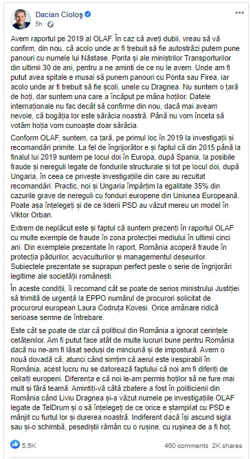 Mesajul lui Dacian Cioloș după publicarea raportului