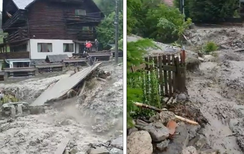 Inundații în comuna Moroeni din Dâmbovița. Apa a intrat în gospodării și a blocat drumul