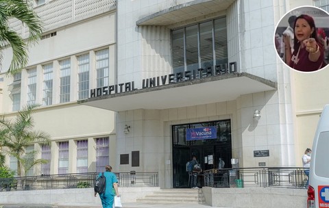 Un colaj realizat din două fotografii: Spitalul Universitar del Valle din Cali si un medalion cu María del Pilar Aguilar.