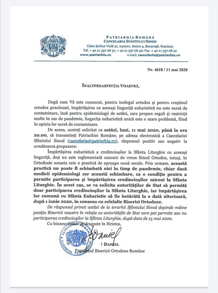 Documentul trimis de Patriarhul Daniel către Sfântul Sinod