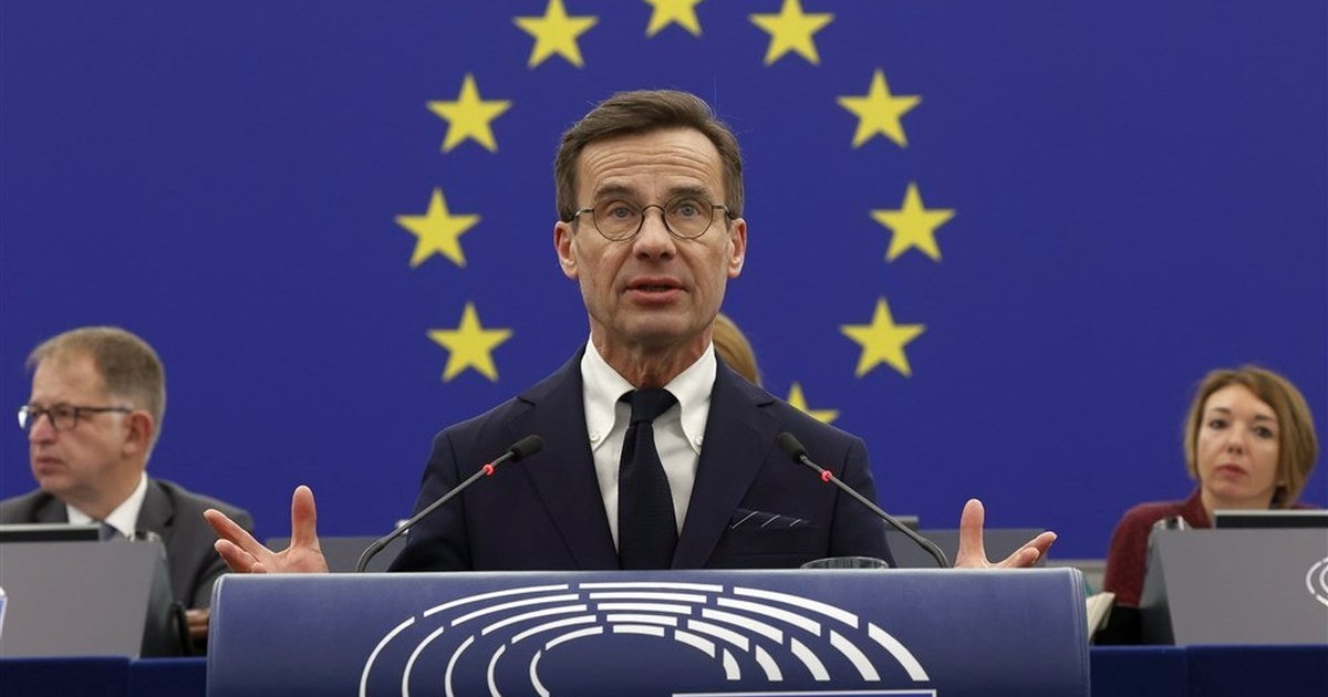 Premierul suedez Ulf Kristersson in timpul discursului rostit la Strasbourg, la Parlamentul European, astazi, 17 ianuarie 2023. Foto: EPA