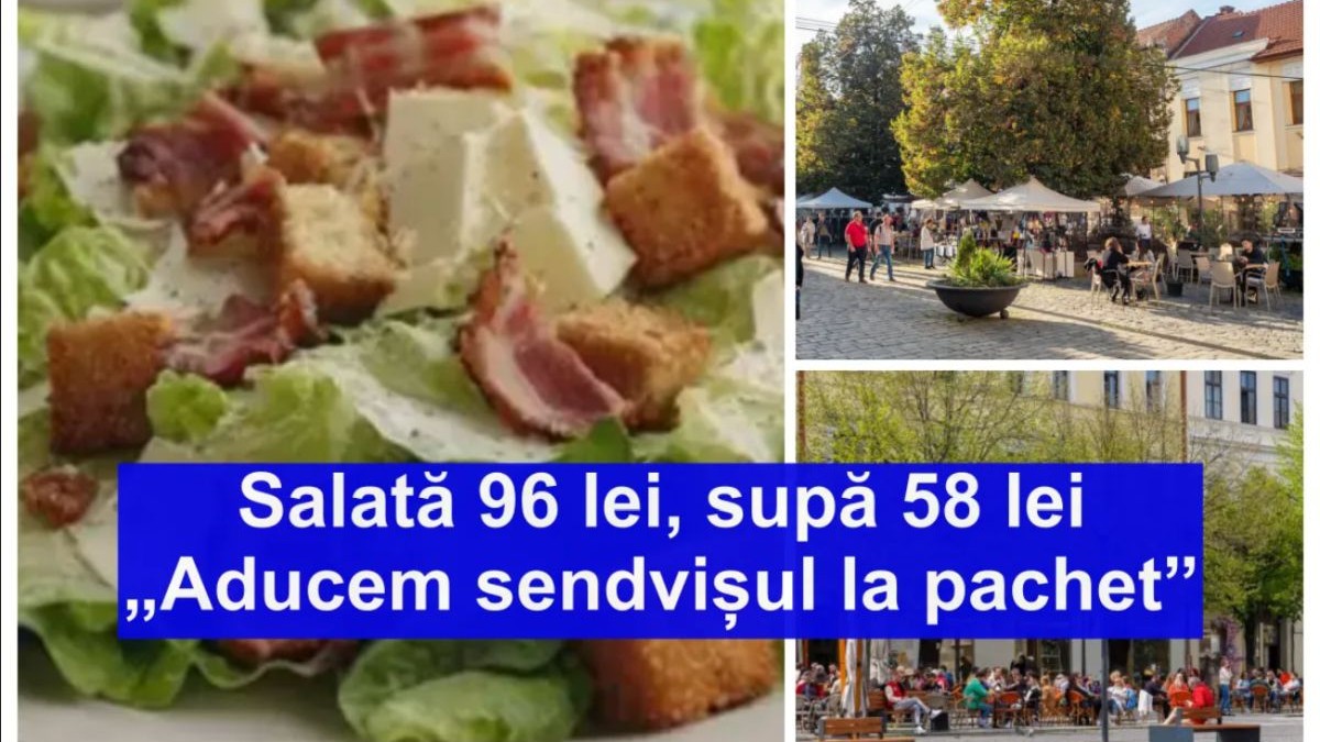 În stânga este o salată Caesar cu salată verde, branză, crutoane și șuncă, iar în partea dreaptă, sus și jos, sunt imagini din Cluj. Pe fotografie este o bandă albastră aplicată, pe care scrie Salată 96 lei, supă 58 lei. Aducem sendvișul la pachet”.