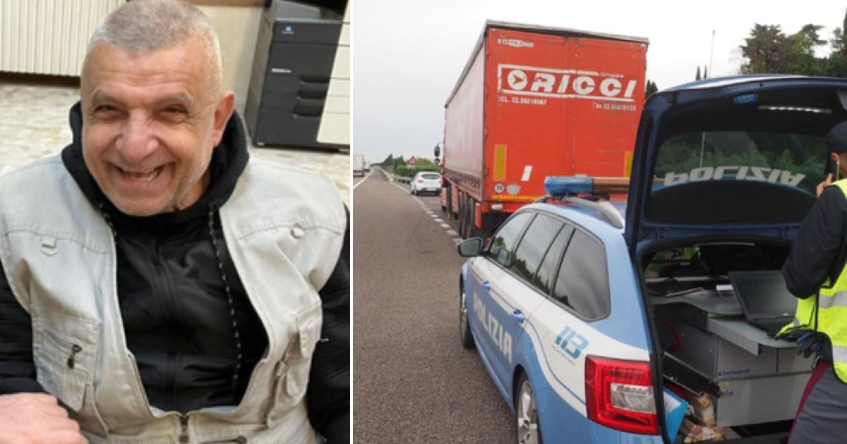 Colaj din două fotografii: în stânga, un bărbat îmbrăcat într-o vestă gri, zâmbind, într-un scaun cu rotile, iar în dreapta o mașină de poliție albastră cu portbagajul deschis, oprită în spatele unui camion roșu pe autostradă.