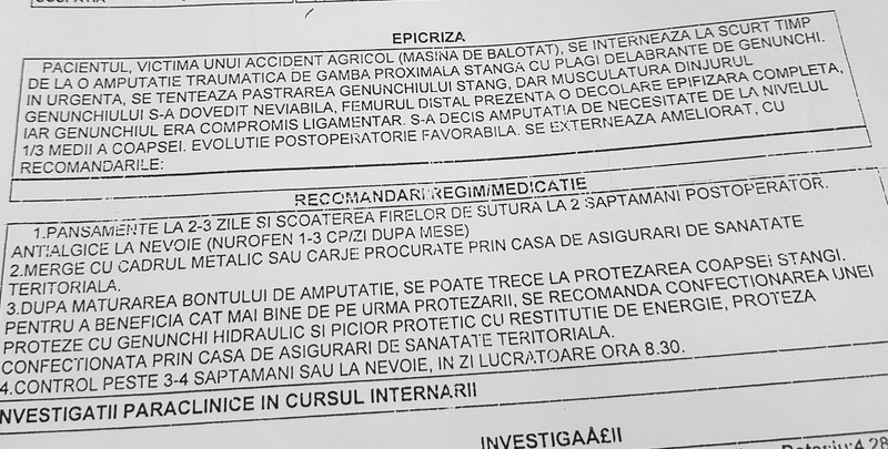 Actul de externare a lui Ion din Spitalul Floreasca