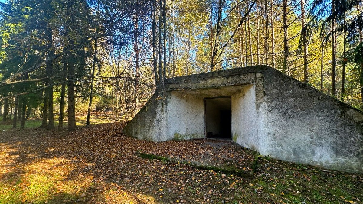 Buncăr în pădure. Buncăr subteran din beton în pădure, destinat adăpostirii în cazul unui război nuclear. Post de comandă militar în pădure. Structură subterană din beton, destinată adăpostirii împotriva bombardamentelor.