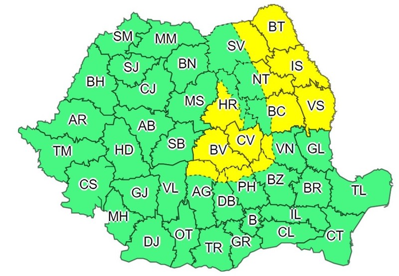 Cele 14 județe vizate de codul galben: Botoșani, Suceava, Neamț, Iași, Bacău, Vaslui, Harghita, Covasna, Brașov, Argeș, Dâmbovița, Prahova, Buzău și Vrancea