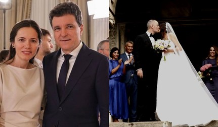 Colaj format din două fotografii: în imaginea din stânga este președintele Nicușor Dan alături de Mirabela Grădinaru, iar în imaginea din dreapta sunt Alexandru Nazare și soția lui, pe treptele bisericii, la nuntă