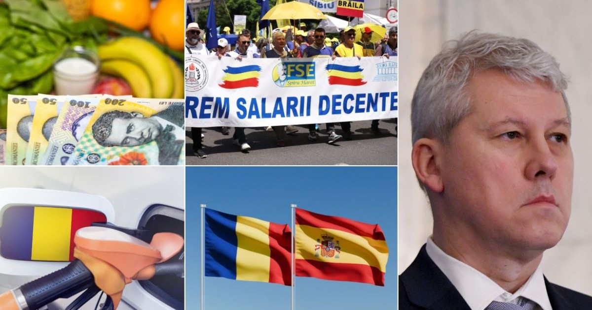 Colaj din cinci fotografii cu Cătălin Predoiu, steagurile României și al Spaniei, profesori în grevă pe stradă, pompă de benzină în rezervorul unei mașini și bancnote de lei românești peste fructe