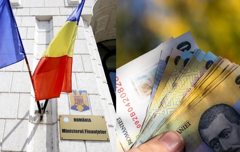 Clădirea Ministerului finantelor din România, steagul UE și al României //  bancnote lei ținute în mână