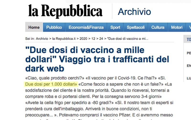 Anchetă La Repubblica: „Două doze de vaccin pentru 1.000 de dolari”. Călătorie în inima traficului de pe dark web