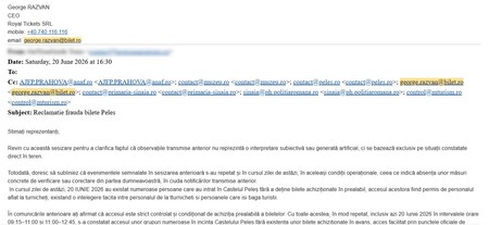 Reprezentantul agențiilor de turism a pus la dispoziție corespondența pe care a avut-o cu George Răzvan, CEO-ul companiei Royal Tickets.