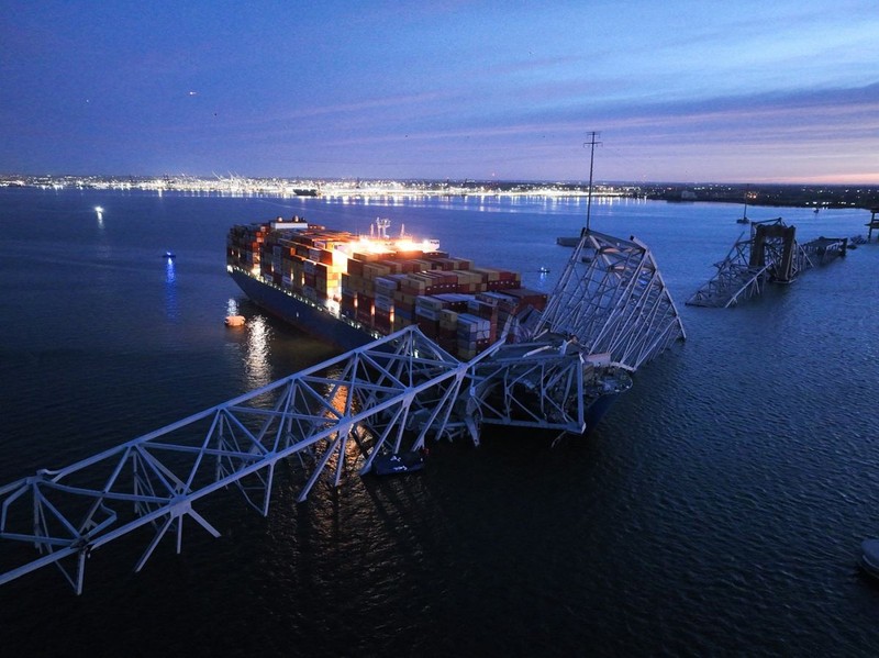 MARYLAND, UNITED STATES - MARCH 26: An aerial view of the collapsed Francis Scott Key Bridge after a collision with a cargo ship in Baltimore, Maryland, United States on March 26, 2024. According to the Maryland Transportation Authority (MTA), all lanes are closed in both directions, and traffic is being diverted. Lokman Vural Elibol / Anadolu,Image: 859685999, License: Rights-managed, Restrictions: , Model Release: no