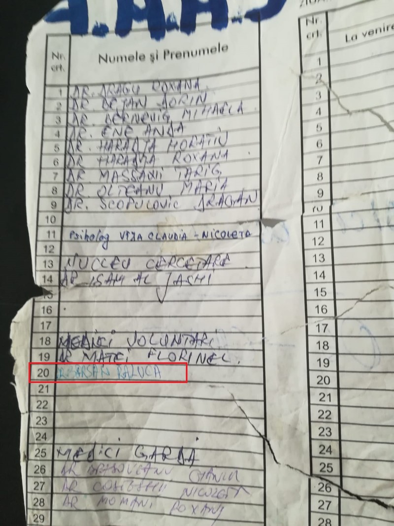 Raluca Bârsan apare în dreptul rubricii "medici voluntari" de la Spitalul Județean Ilfov