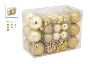 Set 50 de globuri aurii, cu model lucios, mat cu sclipici și cu model, cu 3 dimensiuni diferite, ATS