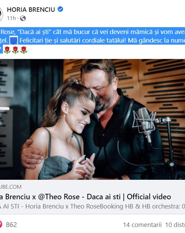 Horia Brenciu, primele declarații după ce s-a scris că Theo Rose ar fi însărcinată: „Mă bucur că vei deveni mămică”