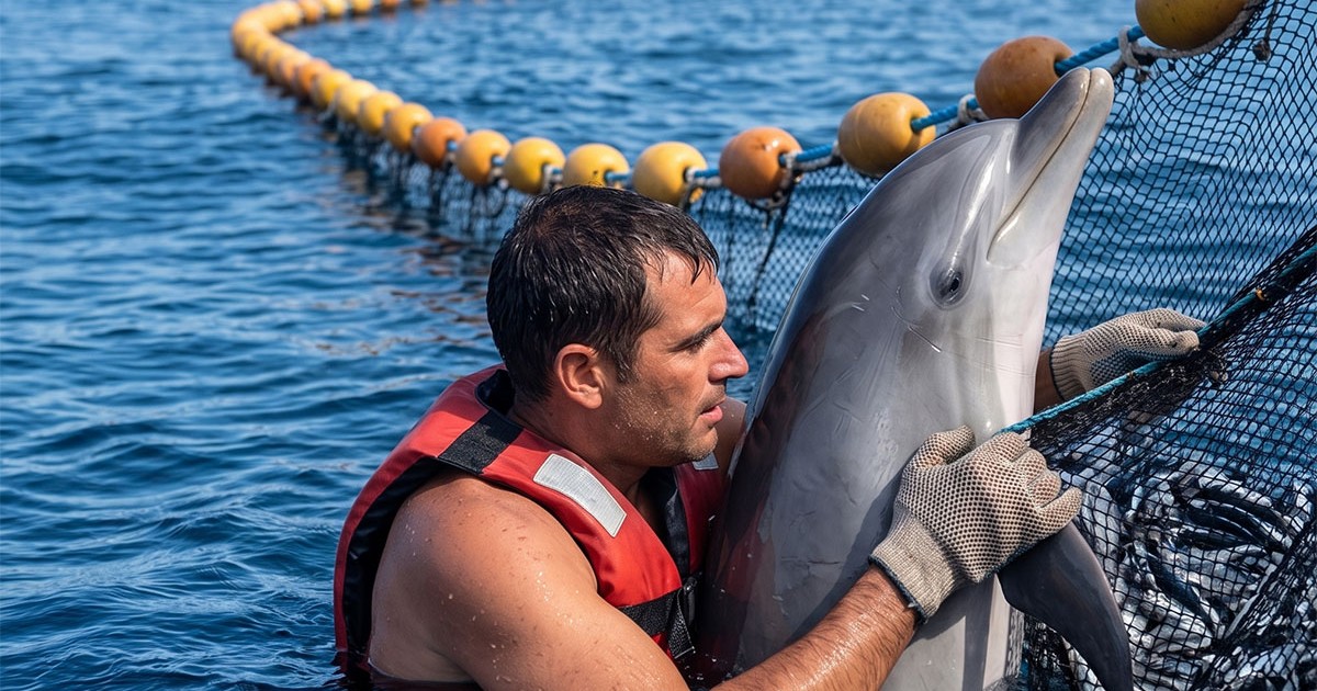 Un bărbat scoate dintr-o plasă de pescuit un delfin.