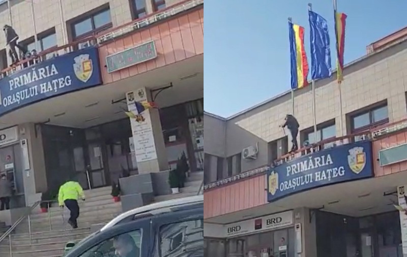 Primăria Hațeg, vandalizată de un bărbat cu un topor. A spart mai multe geamuri - VIDEO