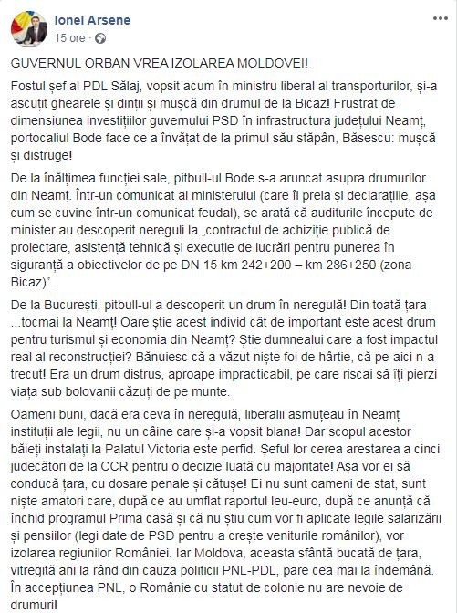 Postarea prin care Ionel Arsene îl atacă pe ministrul Lucian Bode