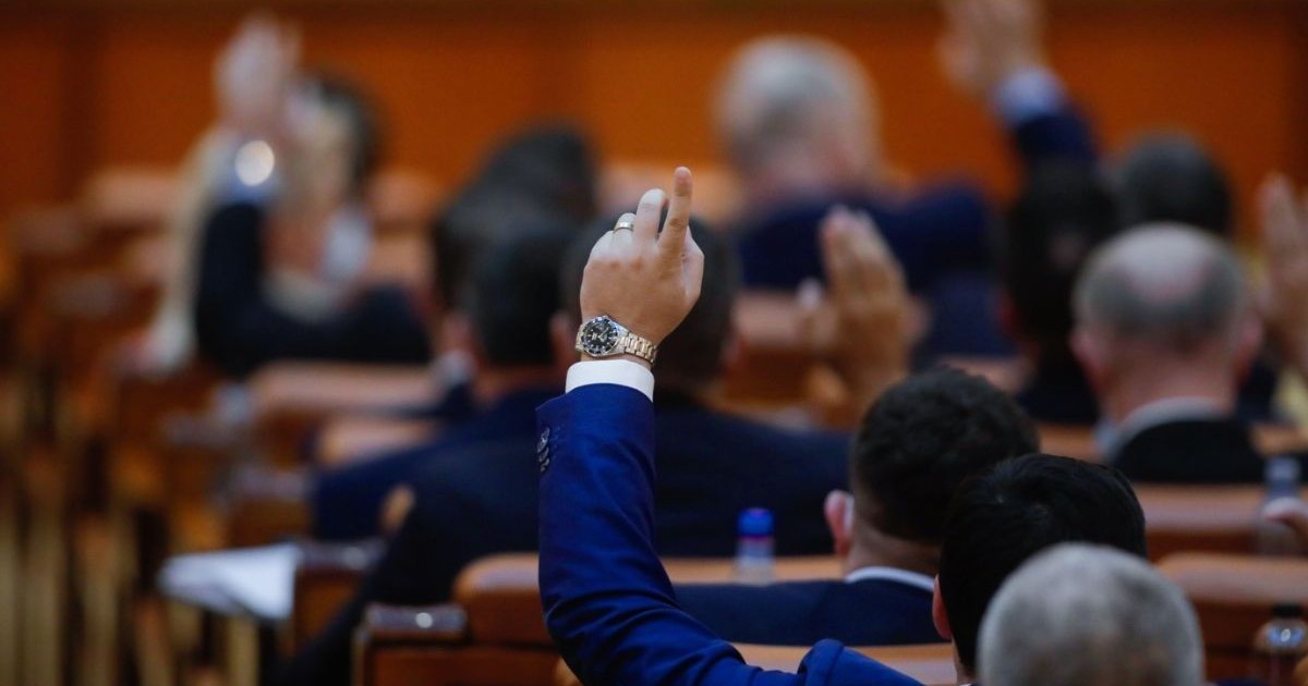 deputați într-o sedința la camera deputaților, votând o lege prin ridicarea mâinii