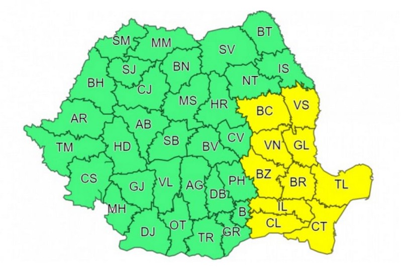 Județele vizate de atenționarea cod galben de vânt puternic
