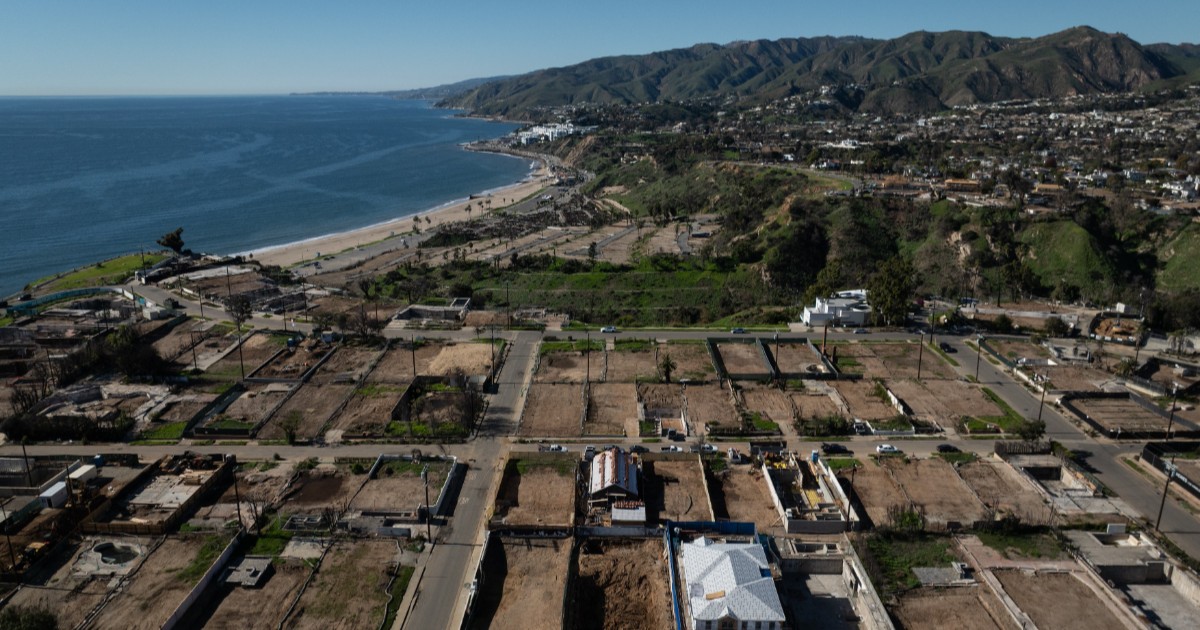 Imagine văzută de sus cu cartierul Pacific Palisades, în urma incendiilor.