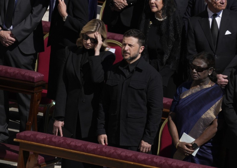 Ukrainian President Volodymyr Zelenskyy and his wife Olena Zelenska are seen arriving at the Pope's Funeral at the Vatican in Rome, Italy on 26 April, 2025. Pope Francis funeral, Rome, Italy - 26 Apr 2025,Image: 992438130, License: Rights-managed, Restrictions: RESTRICTED TO EDITORIAL USE, Model Release: no