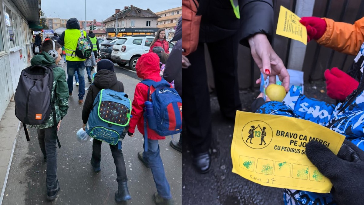 Elevi cu ghiozdanele în spate, merg pe jos, printr-un cartier din Brașov/ Un copil ține în mână o foaie galbenă pe care scrie „Bravo ca mergi pe jos cu Pedibus”, iar sub scris sunt puse ștampile