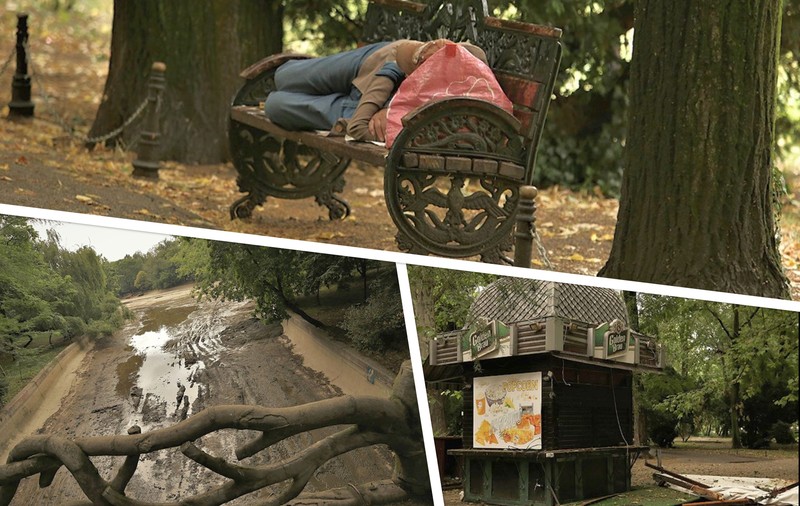 Groapa de gunoi „Parcul Cișmigiu”. Lacul e secat, gunoaiele sunt peste tot, iar mirosul insuportabil îți taie respirația